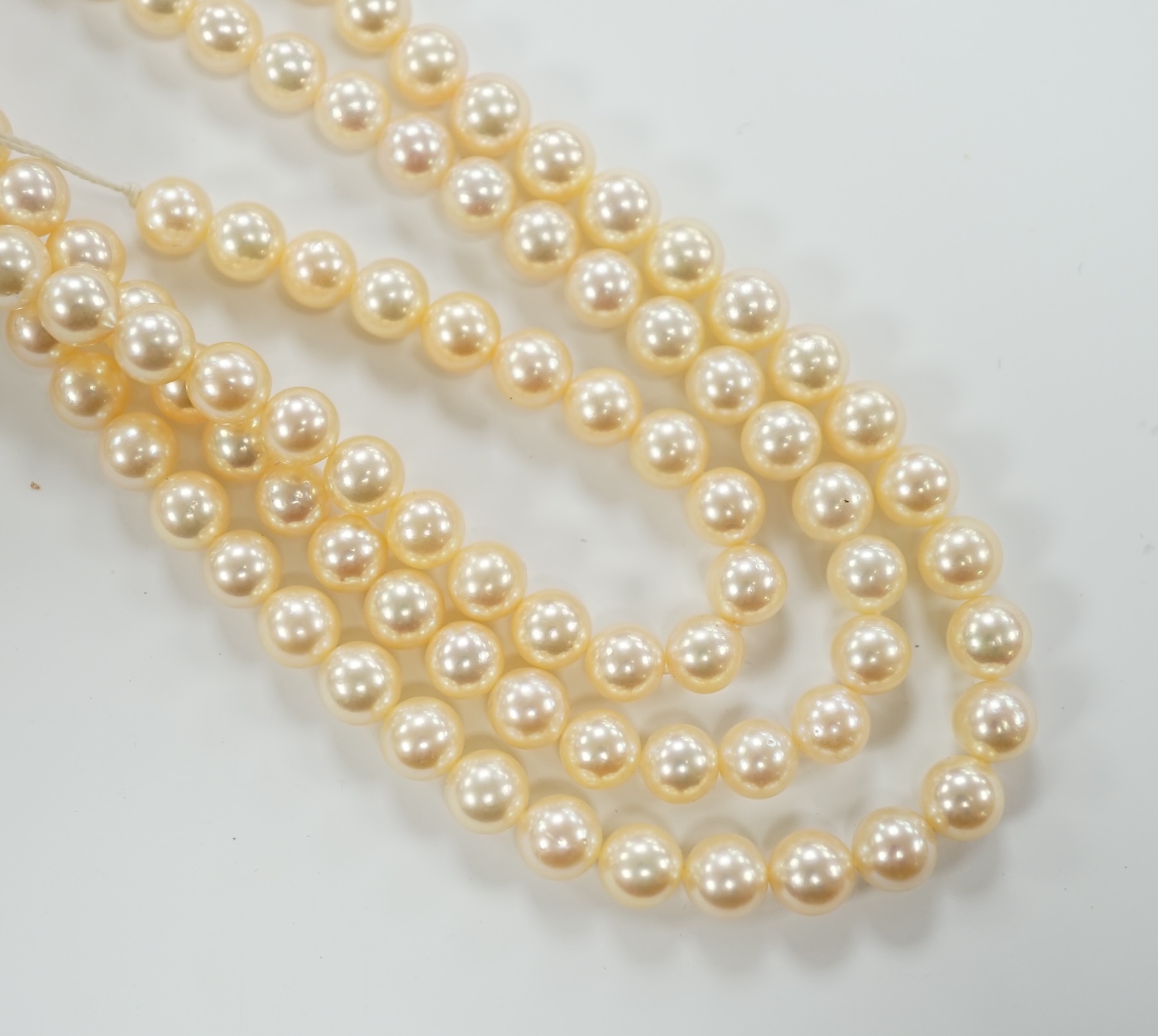 A single? strand cultured pearl necklace, with diamond inset barrel shaped yellow metal clasp (knotted).